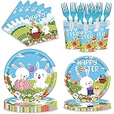 MYFEST 120pcs Easter Plates and Napkins Tableware Set, Happy Easter Disposable Plates Napkins Forks and Cups for Bunny Party Decorations and Supplies, Serve 24