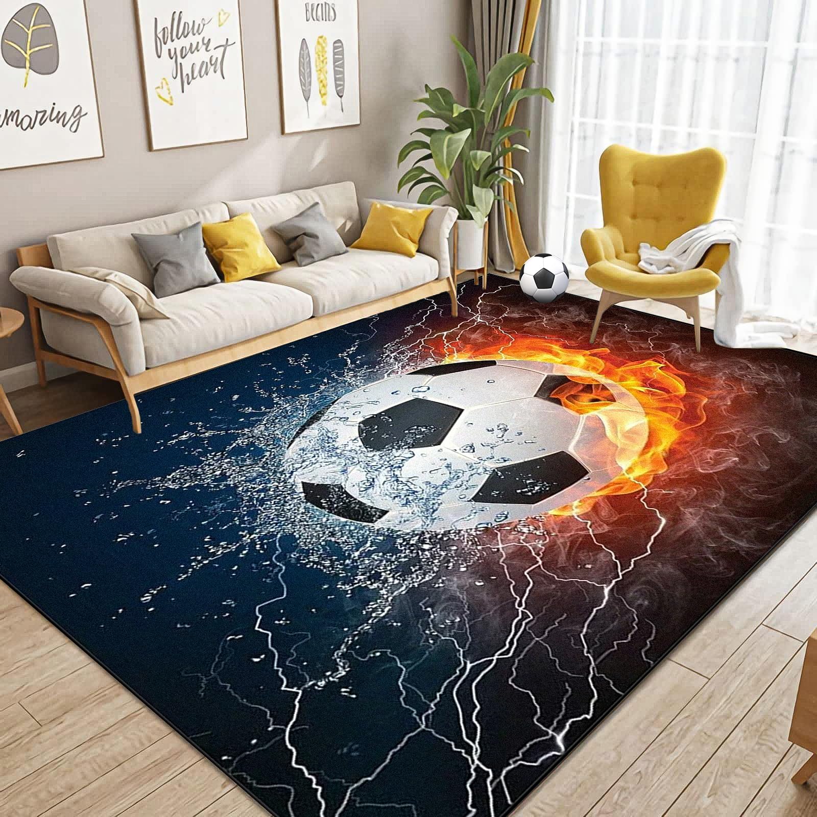 Dai Lufei Football Pitch 3D Rug, Ice Fire Flames, Large Area Sports Floor Mat, Teen's Room, 160 x 230 cm