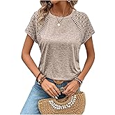 winkbay Women's Summer Lace Hollow Out Tops Dressy Casual Crew Neck Raglan Short Sleeve T Shirts