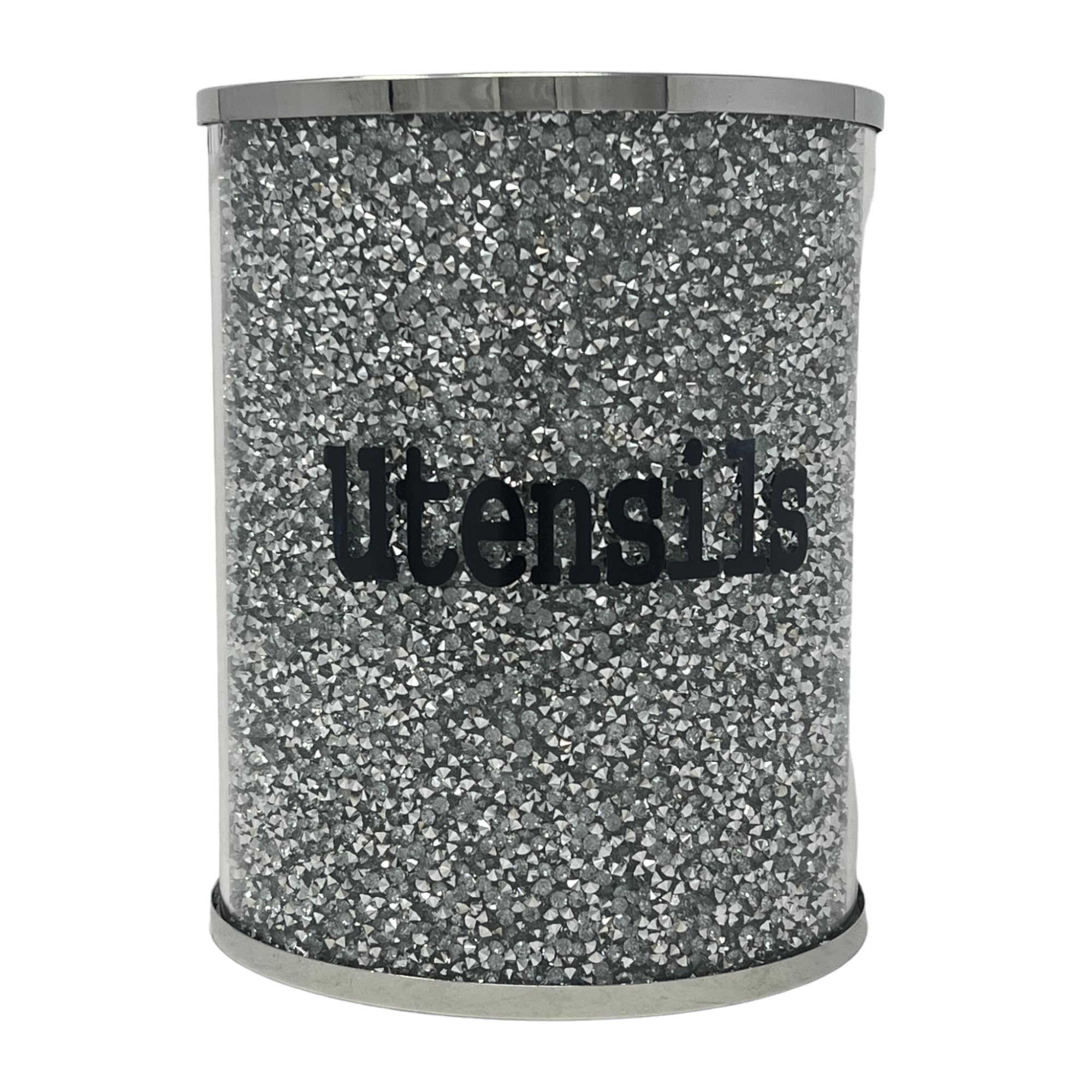 Kitchen Utensil Holder Caddy Large crushed Diamond Round Storage Holder Trimmings Crystal Filled Organizer-Silver Cylinder 6.3 Inches Height Gift Box