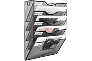 EasyPAG Hanging Wall File Organizer, 5 Pocket Wall Mounted Mail Organizer, Vertical Document Folder Holder with Nametag Label, Space Saving Paper Storage Magazine Rack for Office Home School, Black