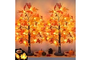 HUYAMAP 2 Pack 24 Inch Fall Maple Tree Fall Thanksgiving Decorations with Lights Lighted Artificial Tree with Pumpkin Acorn Maple Thanksgiving Table Decoration Centerpieces Indoor Friendsgiving Decor for Home
