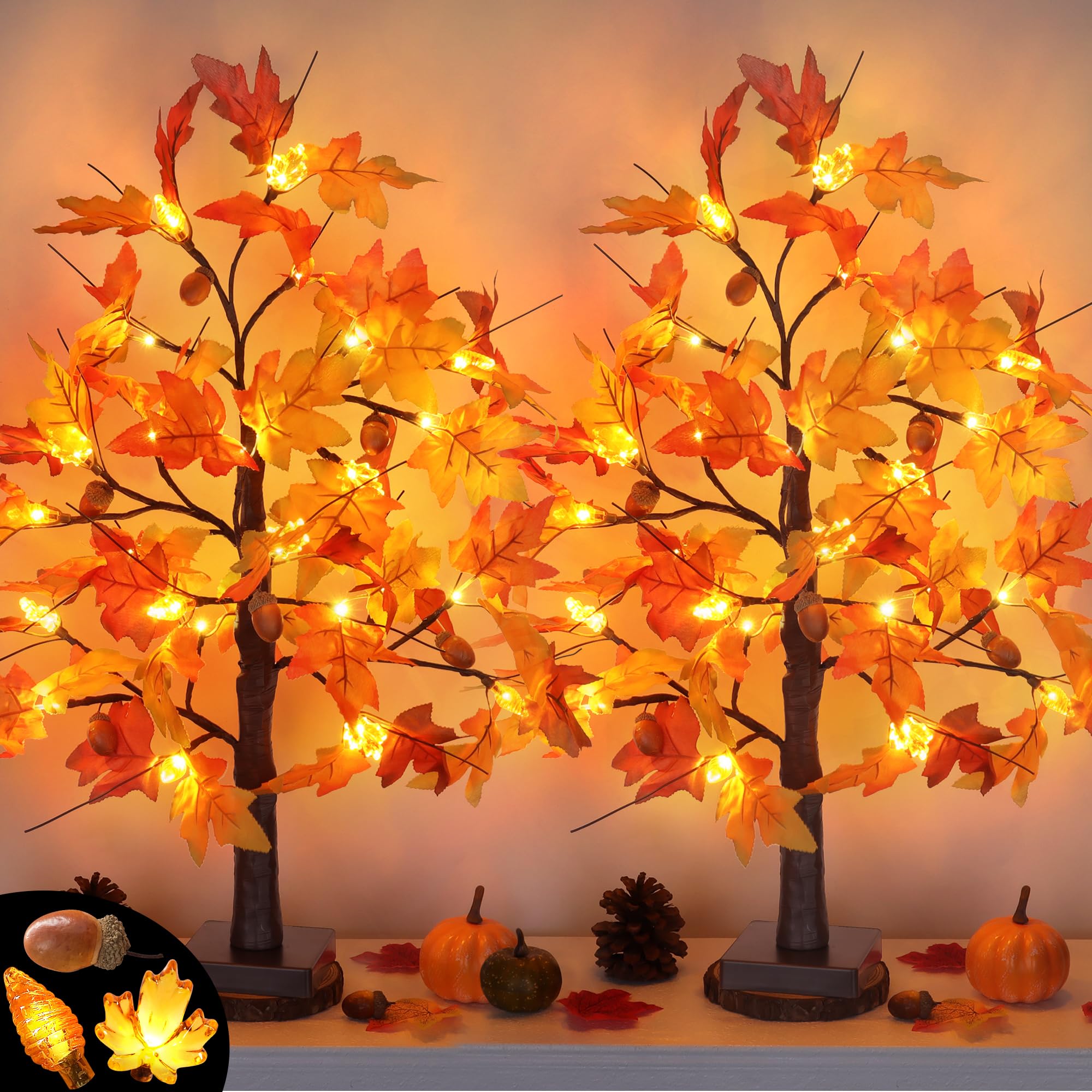 Photo 1 of 2 Pack 24 Inch Fall Maple Tree Fall Thanksgiving Decorations with Lights Lighted Artificial Tree with Pumpkin Acorn Maple Thanksgiving Table Decoration Centerpieces Indoor Friendsgiving Decor for Home