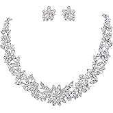 EVER FAITH Bridal Austrian Crystal Jewelry Set, Elegant Cluster Flower Leaf Necklace Earrings Set for Women
