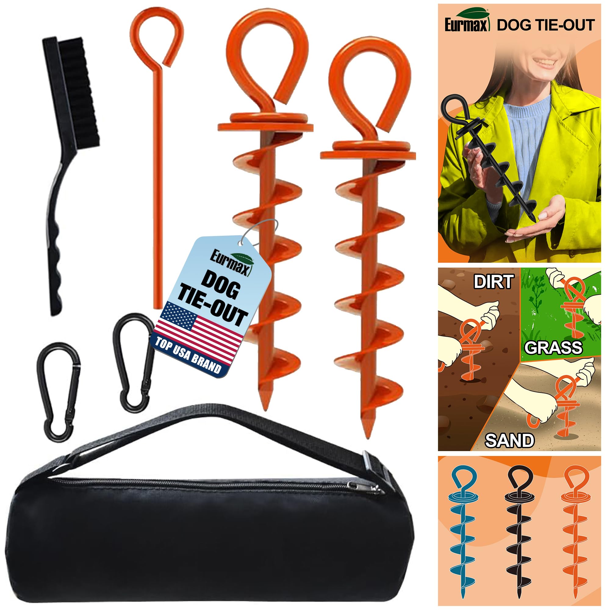 Photo 1 of Eurmax USA Heavy Duty Dog Tie Out Stake for Large Dogs up to 210 lbs,Dog Stakes for Outside,Ground Anchor for Dog Leash,Runner Cable, and Pet Gadget Dog Accessories Trampoline Stakes 2-Pack (Orange)