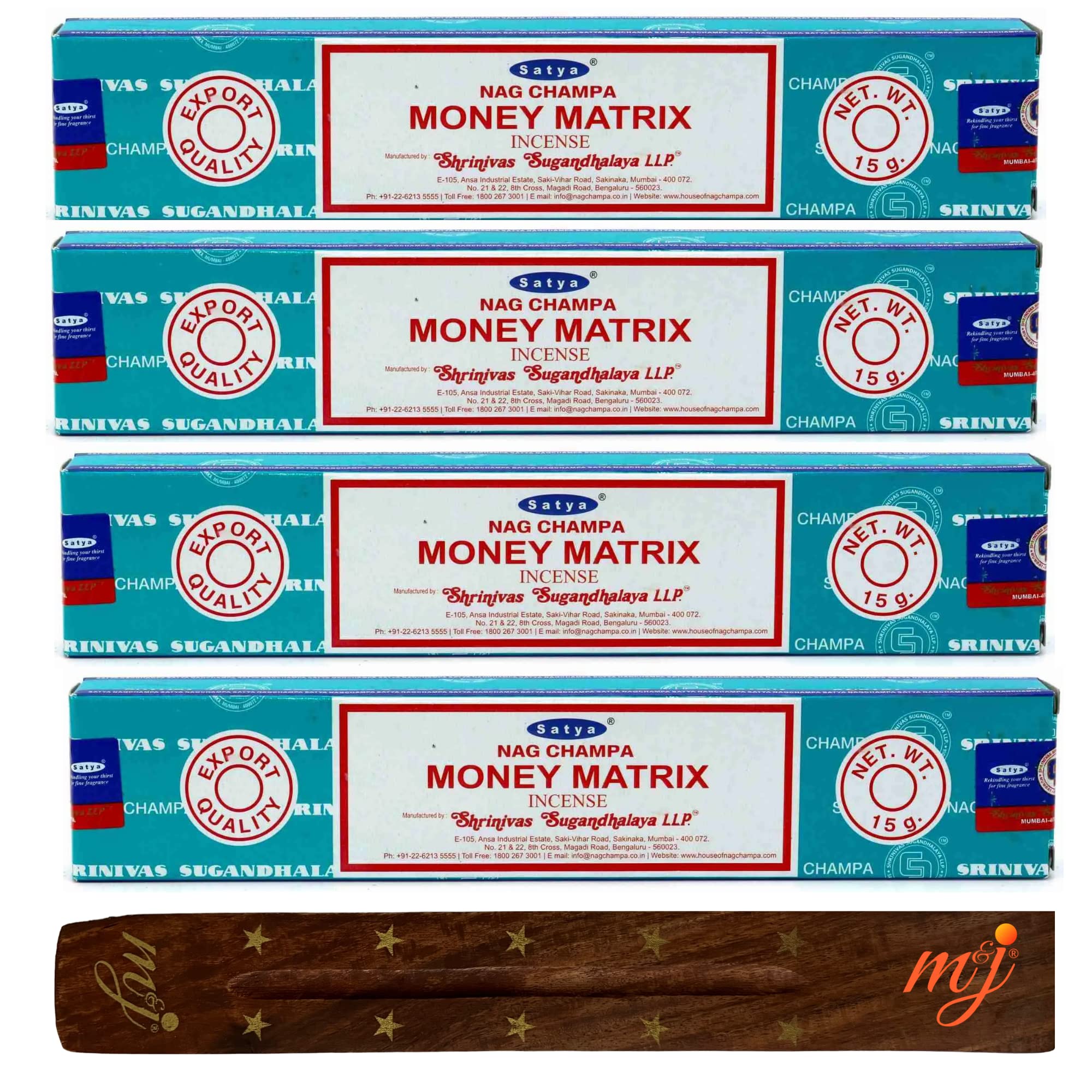 Original Satya Nag Champa Money Matrix Incense Sticks | with M&J incense sticks holder | x4 pack | for Aromatherapy, Spa, Yoga, Weddings, Meditation, Healing, Positivity and Relaxation — image 1