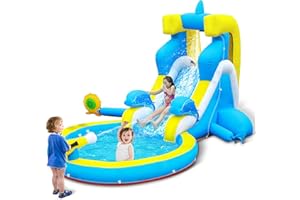 Culaluva Inflatable Water Slide: 4 in 1 Blow up Bounce House Dolphin Style for Kids 3-12 - Splash Pool Climbing Wall Cannon 370W Blower - Outdoor Backyard Birthday Party