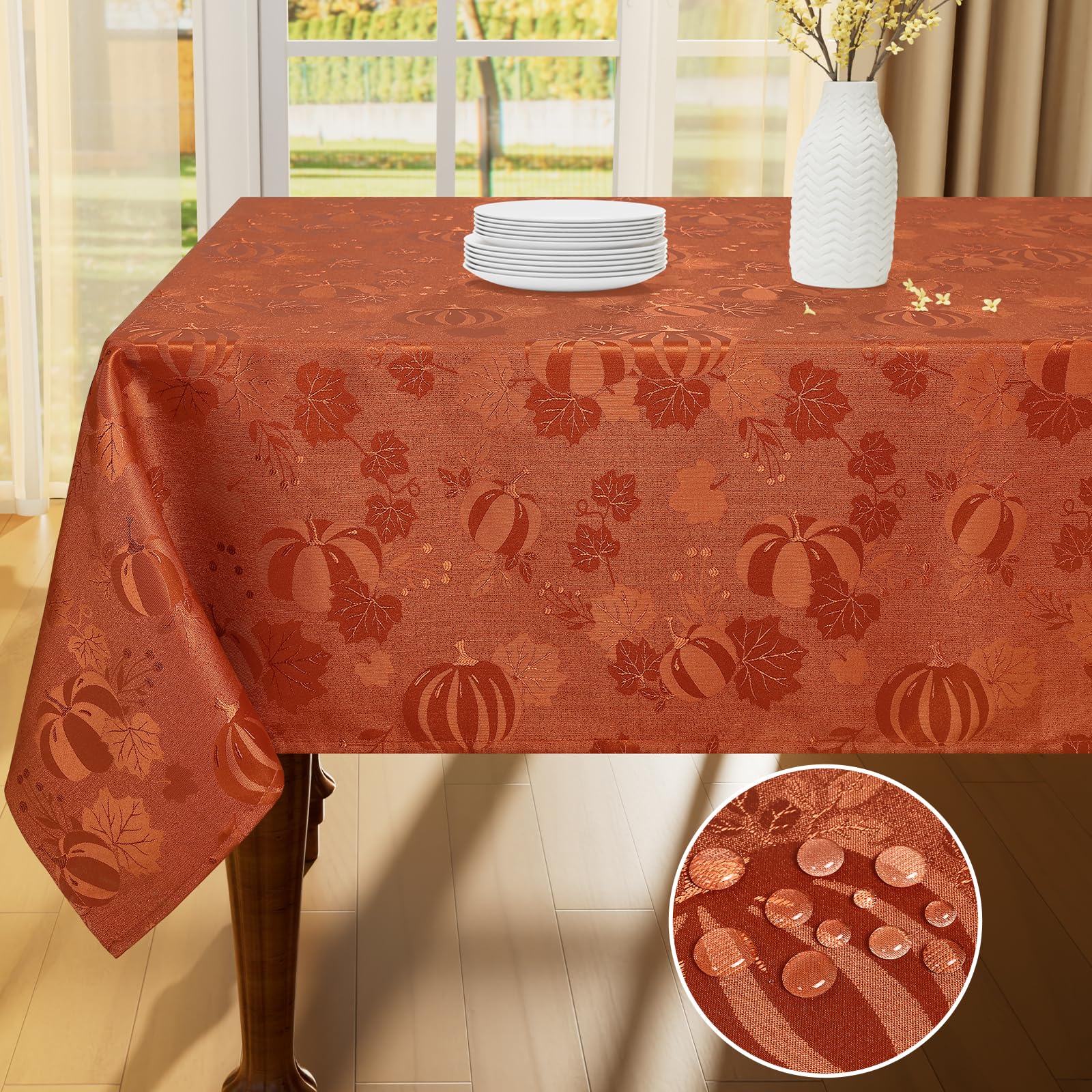 Photo 1 of Smiry Rectangle Thanksgiving Tablecloth, 52x70 Inch Fall Waterproof Damask Table Cloth, Autumn Leaves Fabric Jacquard Table Covers for Harvest Parties, and Holiday Dinner, Terracotta/Rust