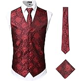 ZEROYAA Mens Classic 3pc Jacquard Paisley Vest Set Necktie Pocket Square Waistcoat for Suit or Tuxedo