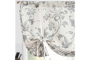 jinchan Tie Up Valance Floral Linen Gray Valance for Windows Farmhouse 45 Inch Damask Printed Short Window Treatment Adjustable for Kitchen Living Room Light Filtering 1 Panel Grey on Beige