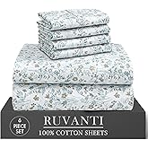 RUVANTI 6 Pcs Cotton Sheets - 100% Natural Cotton Soft, Lightweight & Breathable Crispy Percale Bed Sheets, Queen Sheet Set 16" Deep Pockets, Fleur & Field
