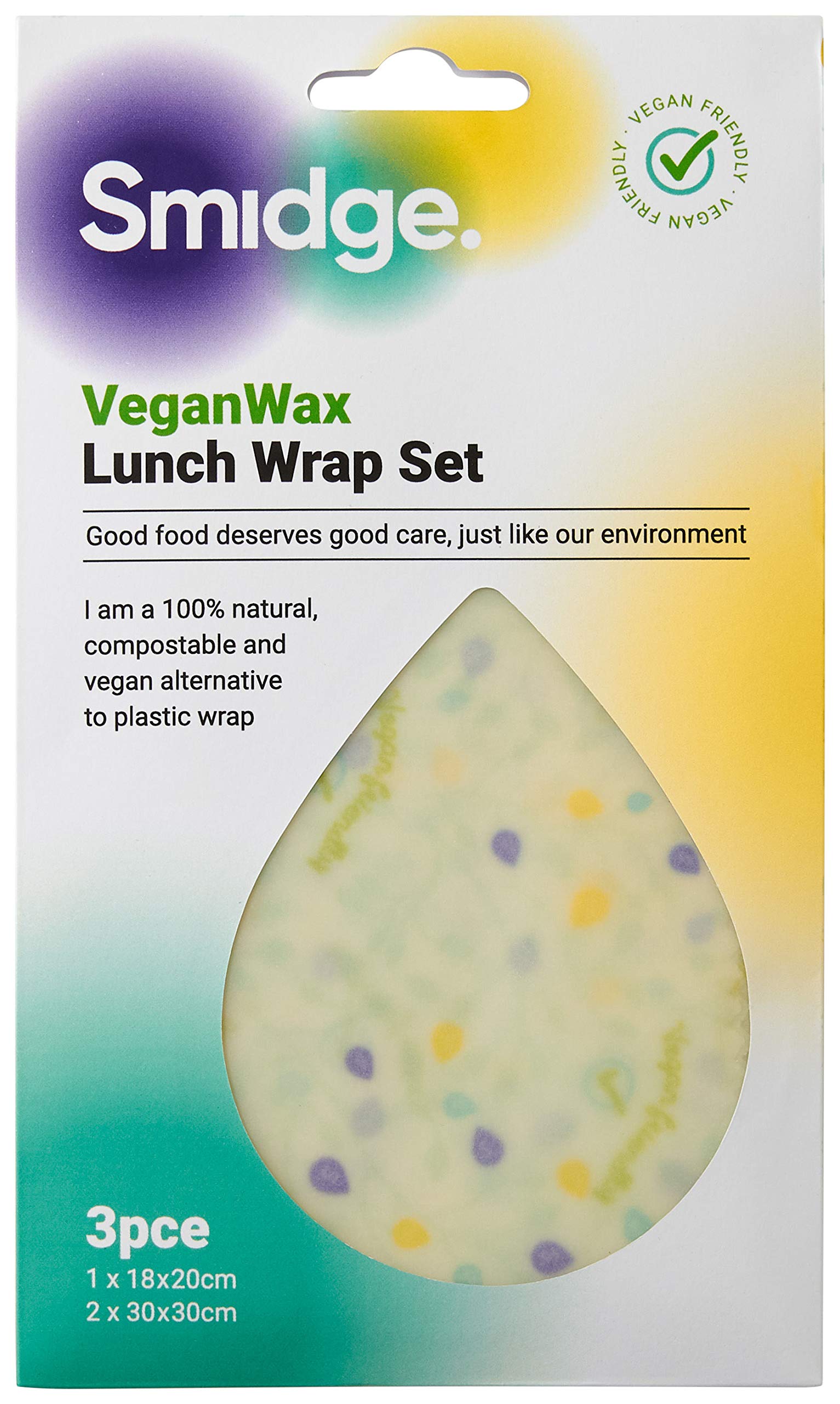 Smidge 3-Piece Vegan Wax Wrap Lunch Set - Reusable Plant-Based Sandwich Wraps, Eco-Friendly Food Storage, Cruelty-Free Lunch Kit