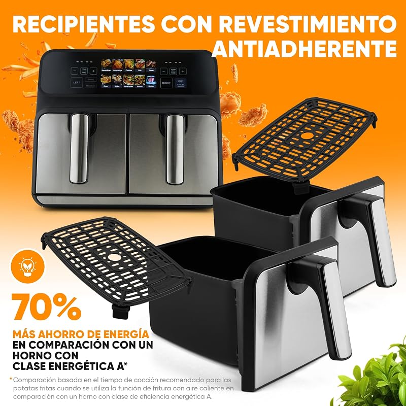 Proficook, Freidora de Aire Caliente Doble Compartimento 8L PC-FR1287H, 2 Recipientes de 4L, Acero Inoxidable, 9 Programas Automáticos, Ahorro de Energía, Apagado Automático, Freidora de Aire