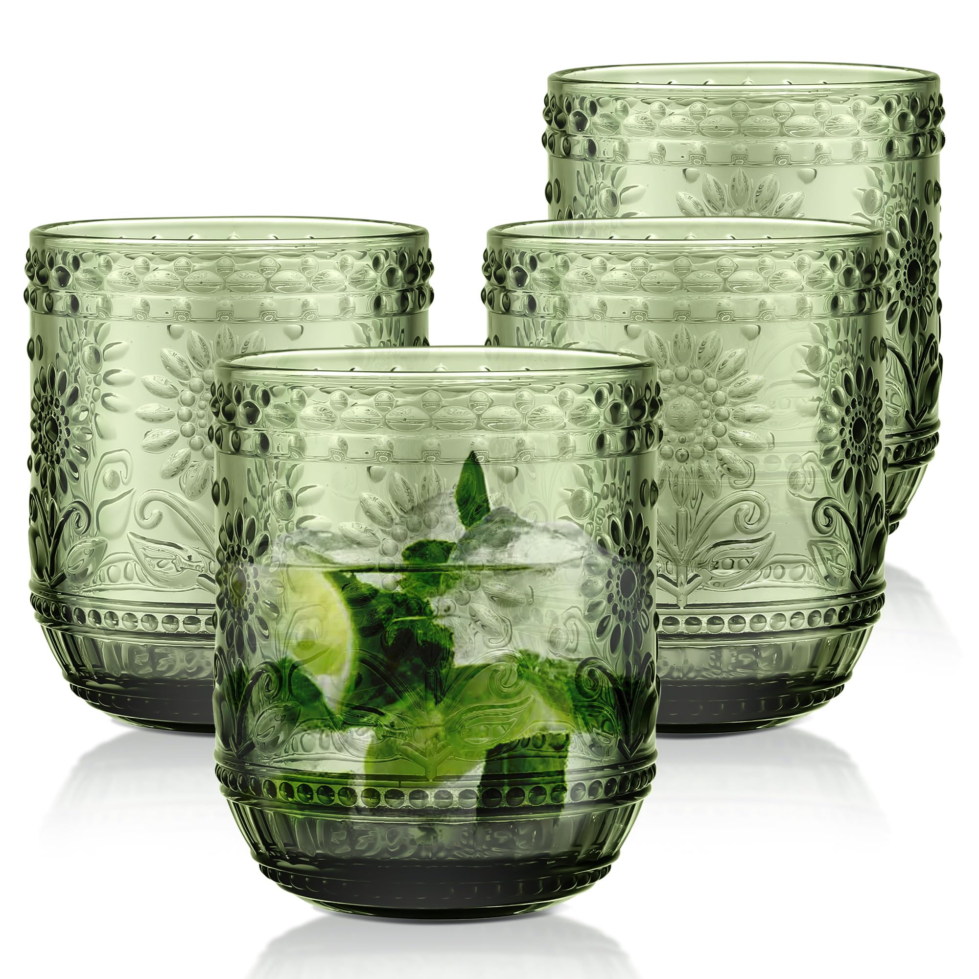 Joeyan 360ml Green Drinking Glasses Set of 4, Decorative Floral Embossed Highball Glass Tumbler Vintage Water Glasses, Heavy Duty Glassware Beverages Tumblers for Whisky, Beer, Juice, Wine