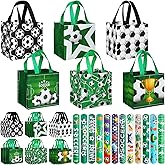 MiniInflat 24 Pcs Soccer Party Favor Bags Soccer Non Woven Gift Treat Bags with 24 Pcs Soccer Slap Bracelets, Reusable Soccer Goodie Candy Bag with Handles for Soccer Party Favors Supplies