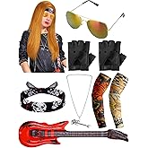 Mepase 8 Pcs Halloween 80s Rocker Costume Set Rock Wig Fabric Headband Tattoo Sleeve Gloves Cuff Glasses Inflatable Guitar