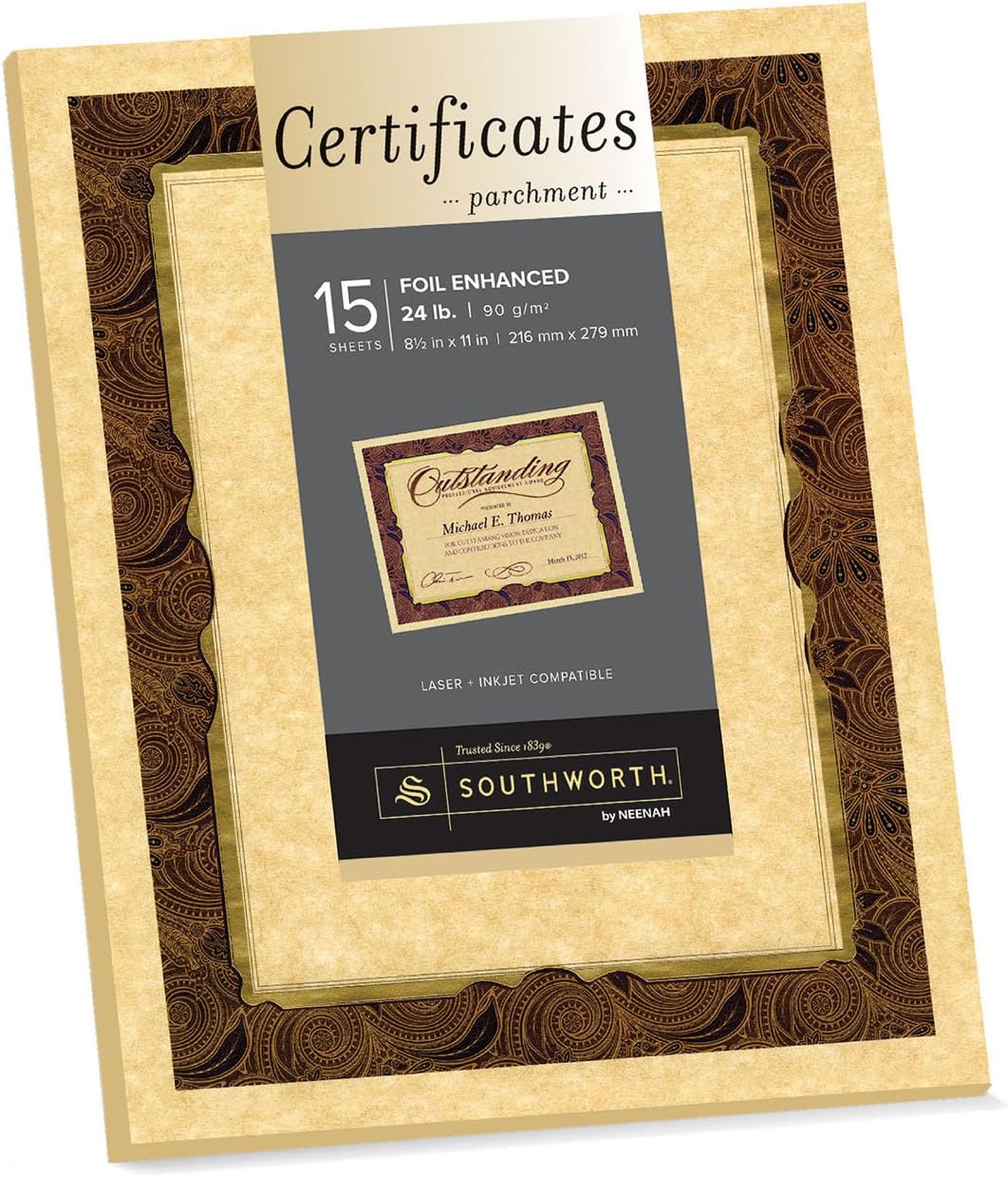Southworth FoilEnhanced Parchment Certificates, 8.5" x 11", 24 lb/90 GSM, Gold