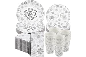 Pickmesh 250 Pcs Christmas Dinnerware Set Snowflake Disposable Paper Plates Napkins and Cups Xmas Luncheon Dinner Tableware for Winter Christmas Birthday Party Supplies Table Decor