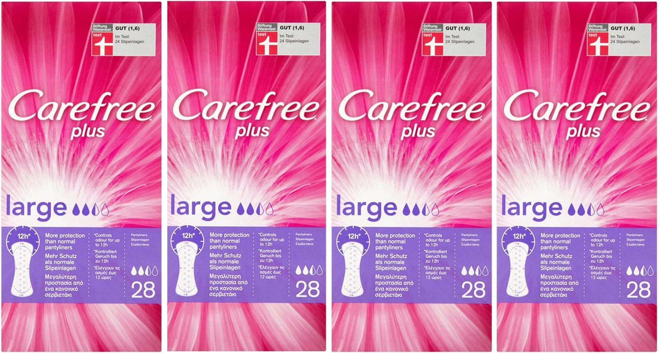 Carefree Plus Panty Liners 5 in 1 Freshness Large, 28 Liners (4 packs)