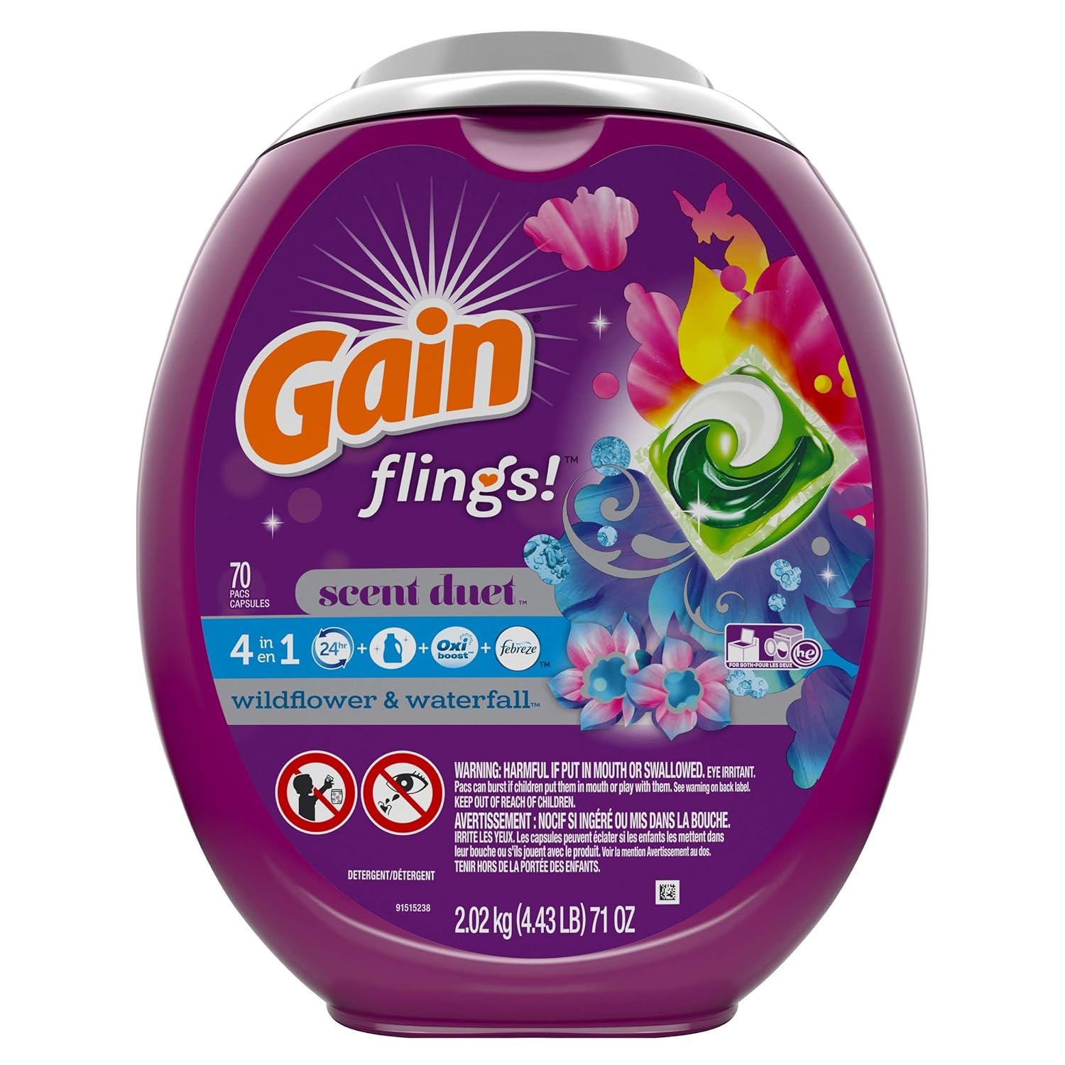 Gain flings! Laundry Detergent Pacs, Wildflower & Waterfall, 70 Count