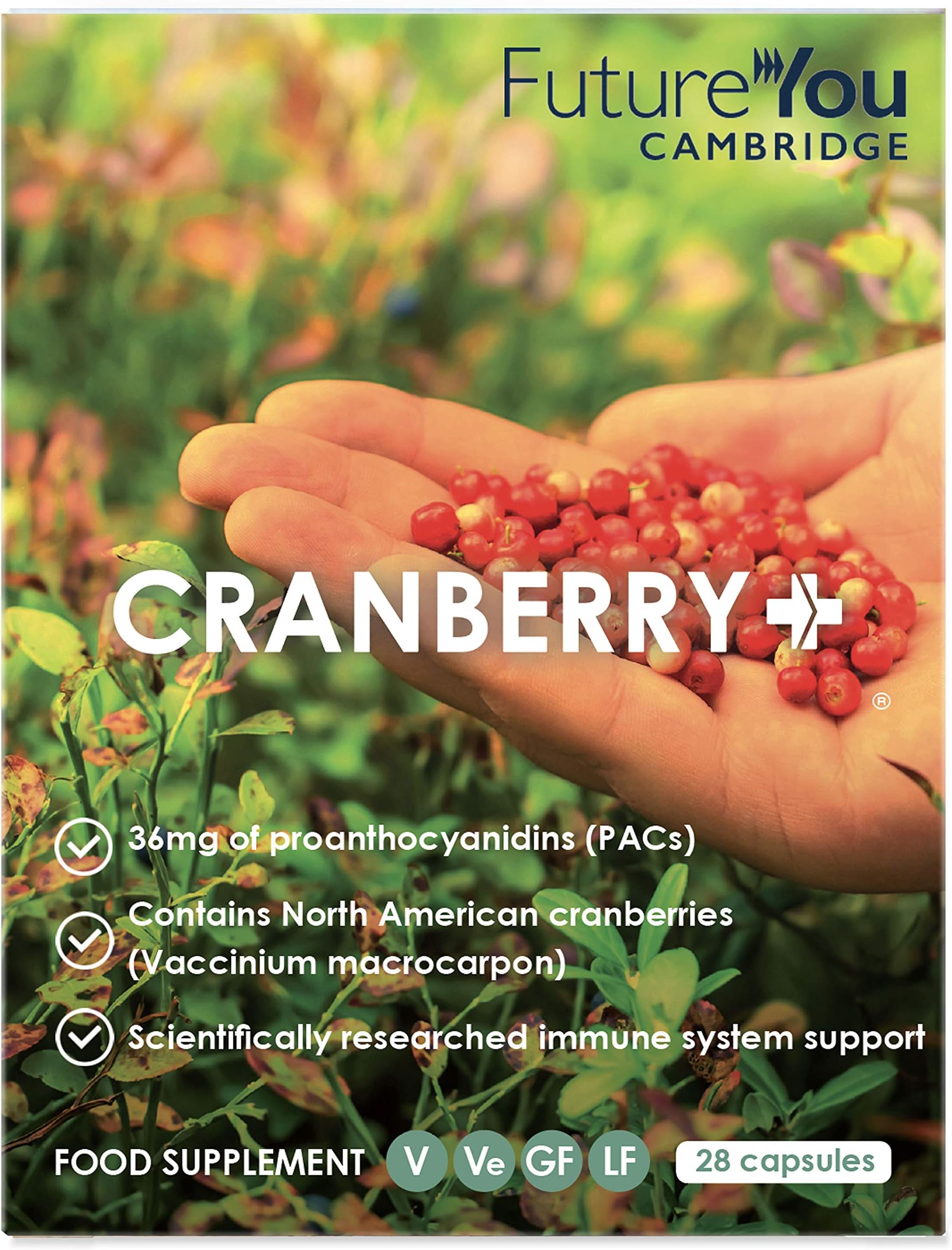 Cranberry+ Supplement with 36mg High Grade Proanthocyanidins - North American Cranberries (Vaccinium macrocarpon L) - Vegan Suitable - 28 Day Supply - Developed by FutureYou Cambridge, UK