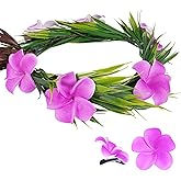 KorViSHOW Hawaiian Flower Crown Headband - 3 Pcs Pink Hawaiian Flower Hair Clips Artificial Tropical Floral Headpiece Luau Accessories for Women Girls Summer Beach Party Decorations Favors Supplies