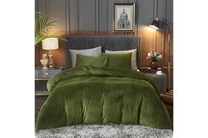 Ivellow Velvet Flannel Duvet Cover King Size Olive Green Comforter Cover Ultra Soft Breathable Cozy Velour Duvet Cover Solid Luxury Bedding Set Zipper Closure Corner Ties