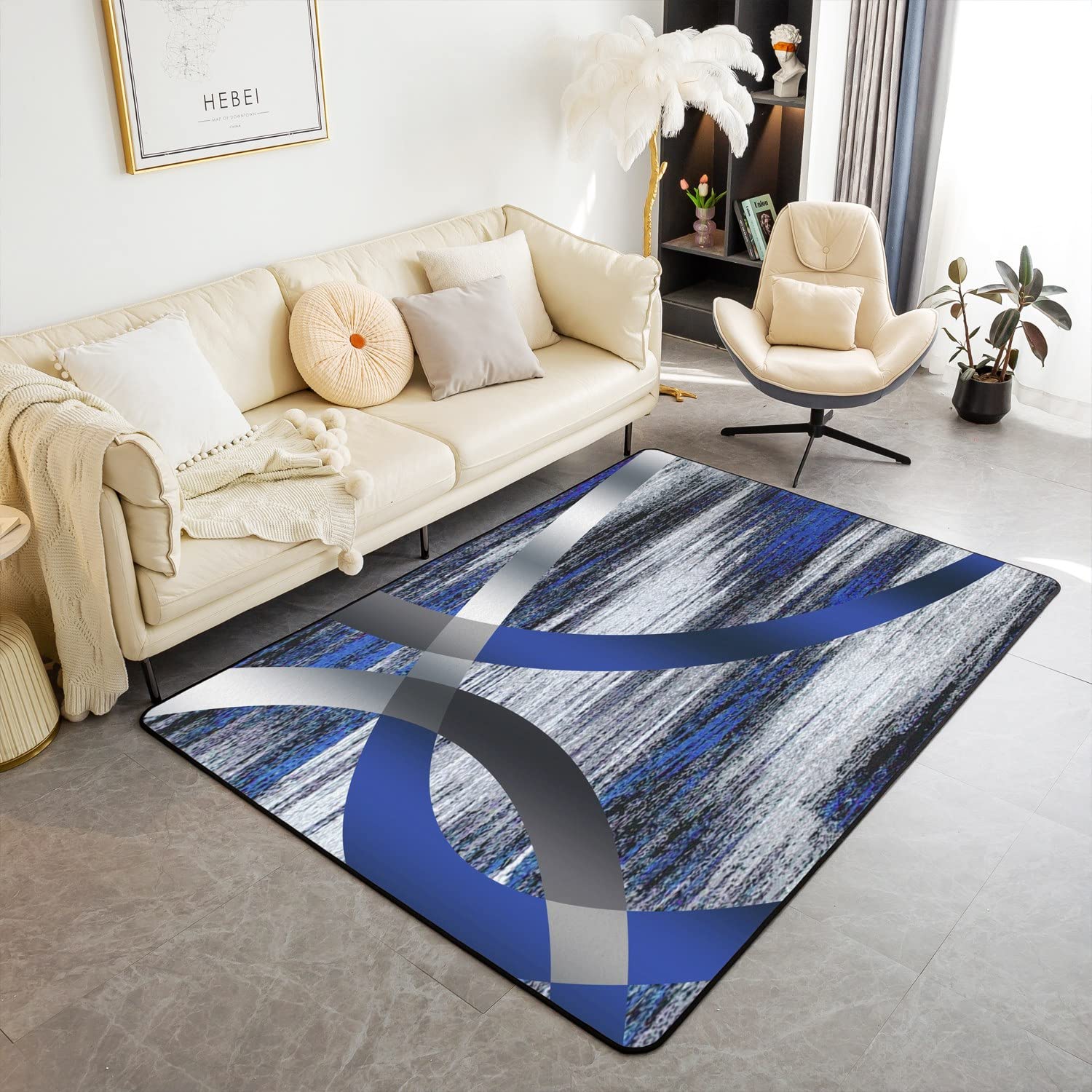 Loussiesd Blue Grey Stripes Decorative Carpet 100x150cm Geometric Living Room Rugs Living Room Rugs Ultra Soft Decor Modern Abstract Striped Art Indoor Floor Mat