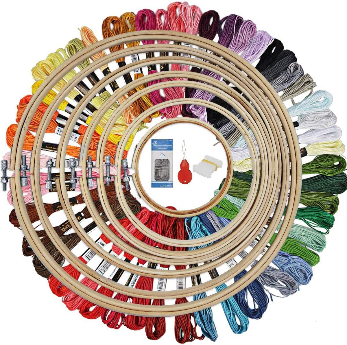 HAUSPROFI Stickerei Set Stickerei Starter kit Stickerei Kreuzstich set Kreuzstich Tool Kit Einschließlich 50 Farbfäden und 12 Nadel, 7 Bambus Stickrahmen 4-12 Zoll