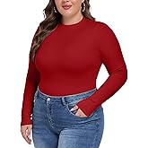 COOTRY Women's Plus Size Long Sleeve Shirts Crew Neck Slim Fitted Basic Tops Fall Clothes