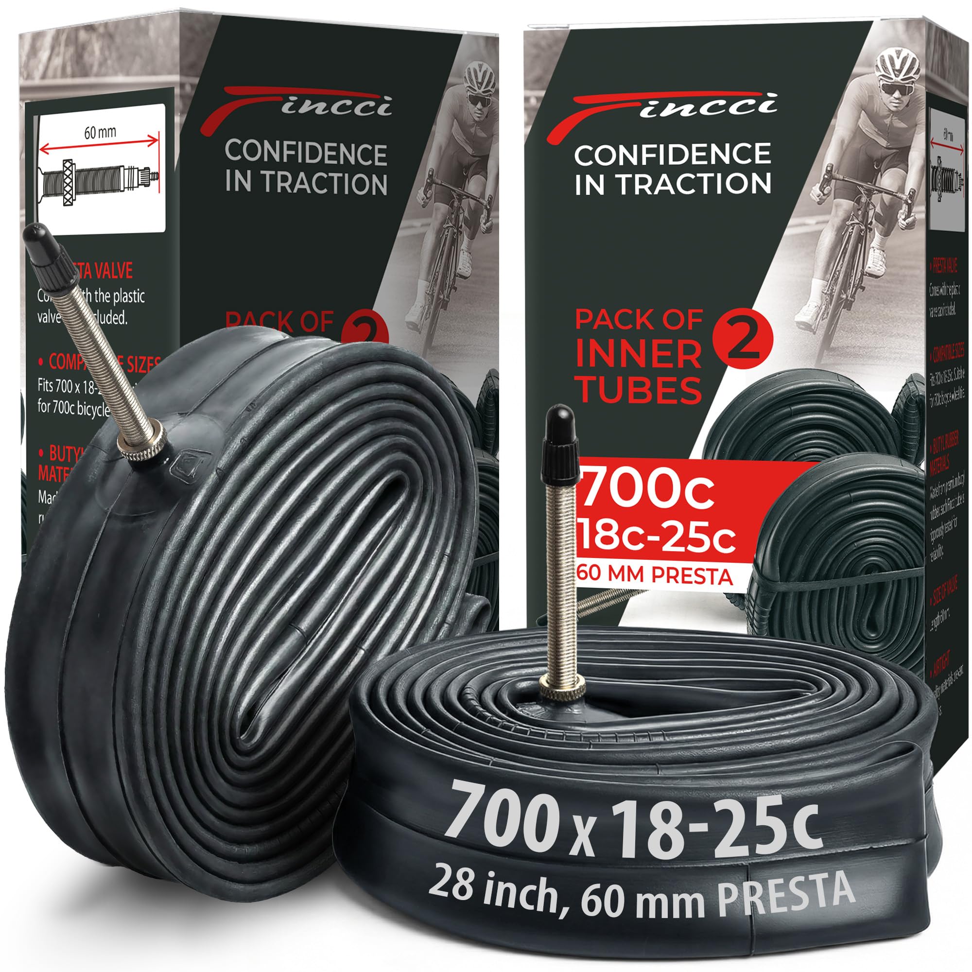 Fincci Inner Tubes 700c x 18c x 23c x 25c - Pair Bike Tubes 28 inch with 60 mm Presta Bicycle Valve - Inner Tube for City, Gravel, Race, Road, Touring Bicycle - Pack of 2x 622 Bike Accessories