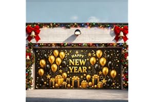 IVN Happy New Year Garage Door Banner Black and Gold Happy New Year Balloon Gift Box Design 13x6ft Garage Door Cover Outdoor Garage Backdrop Decoration for New Year Eve Party Home Yard Exterior Decor