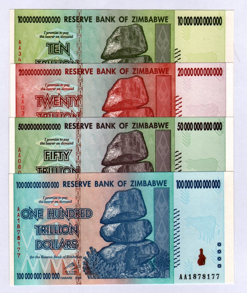 RBZ Collectibles Currency Note Set - Zimbabwe 100, 50, 20 and 10 Trillion Dollar Note Bills, Obsolete Banknotes for Collectible Value