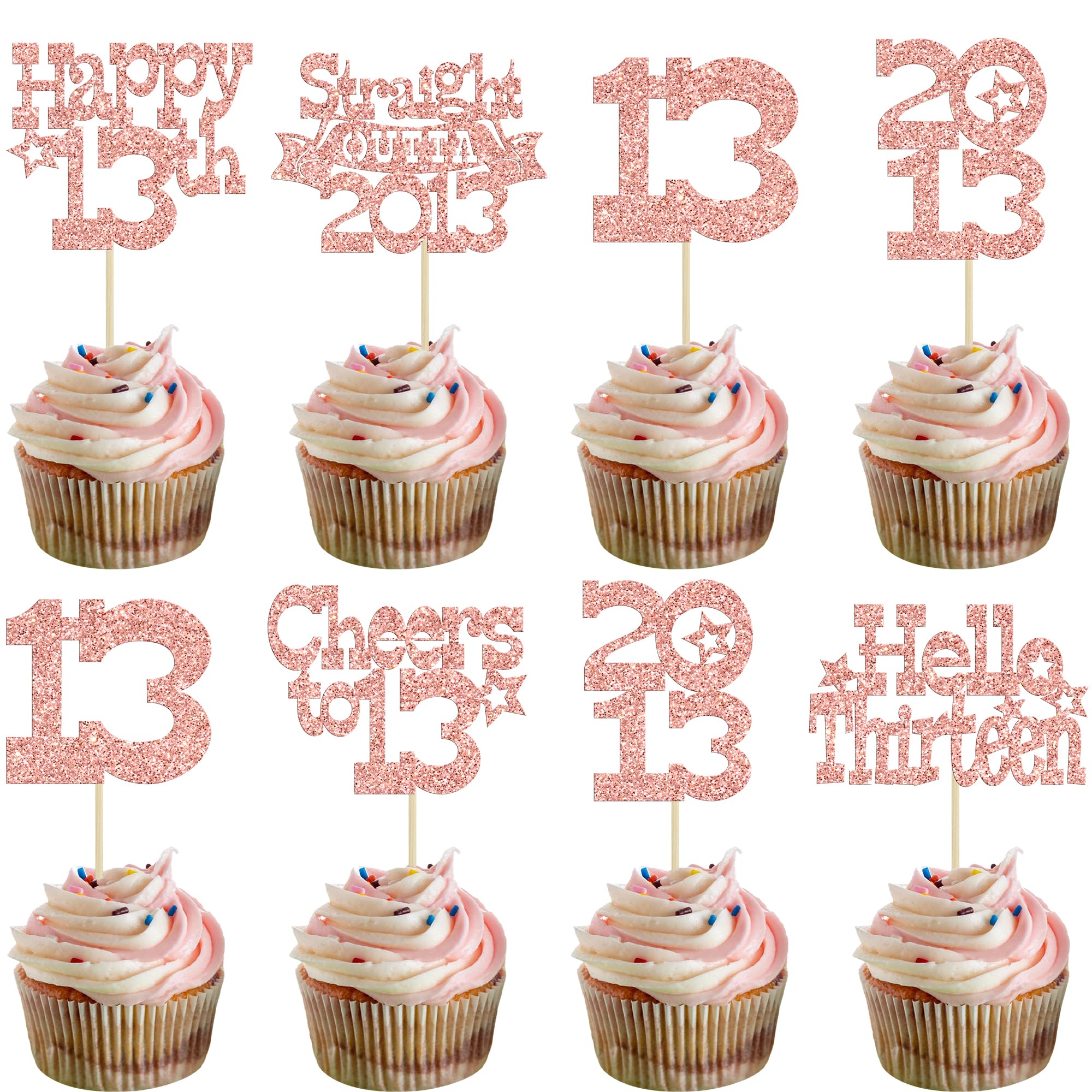 Ephlyn 30Pcs Happy 13th Birthday Cupcake Toppers Glitter Thirteen Straight Outta 2013 Cupcake Picks Cheers to 13 Years Cake Decorations for 13th Birthday Anniversary Party Supplies Rose Gold