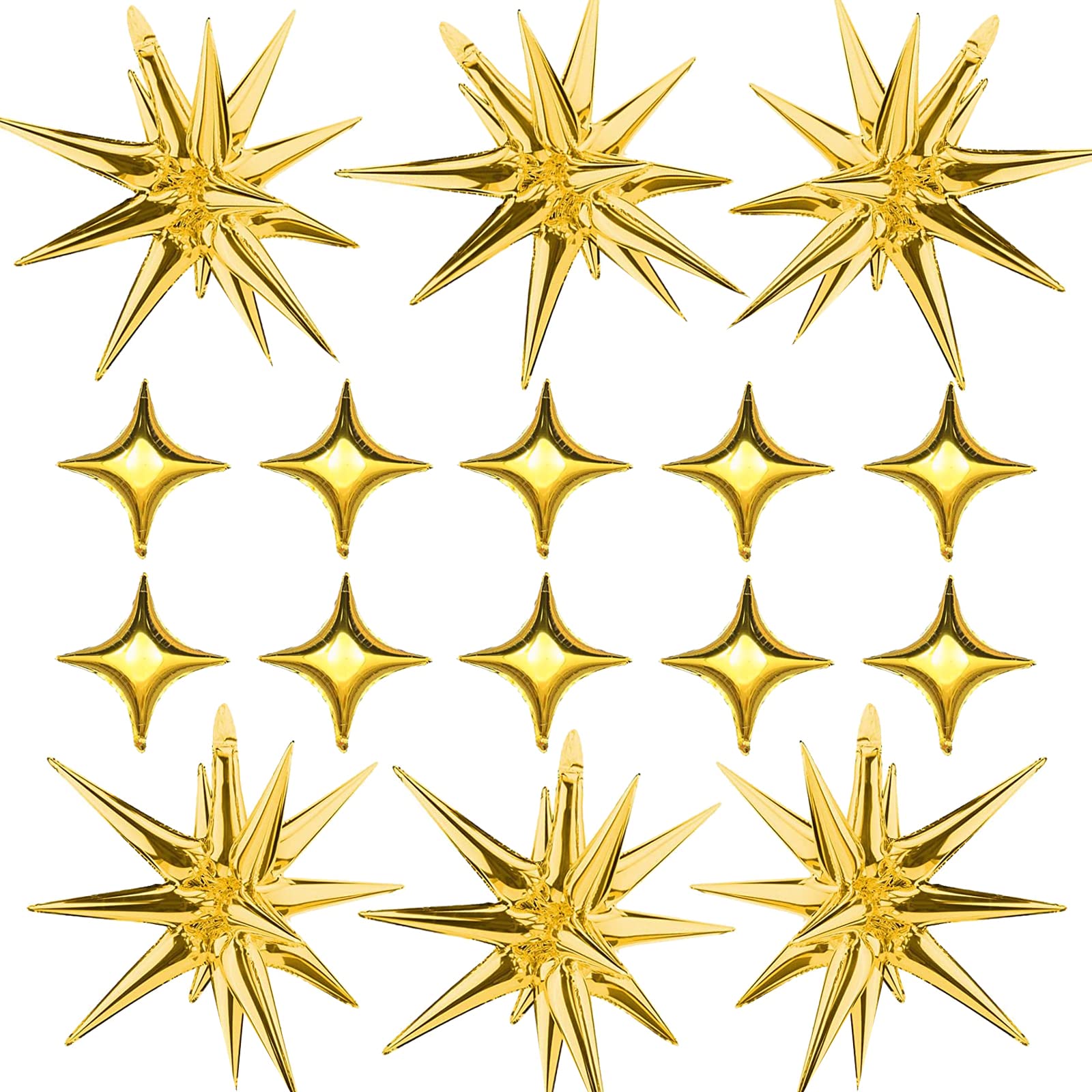 Gold Star Foil Balloons Kit - 6 Pack 12 Point Starburst Cone and Spike Balloons With 10Pcs Four Pointed Stars for Wedding, Baby Shower, Photo Booth, Birthday Party Supplies