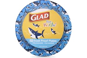 Glad for Kids 8 1/2-Inch Round Paper Plates with Cute Sharks Design - Heavy Duty, Soak Proof, Microwavable for All Occasions, 20 Count