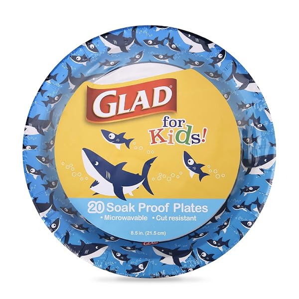 GLAD FOR KIDS 8.5 INCH ROUND PAPER PLATES, CUTE SHARKS DESIGN, HEAVY DUTY CUT-RESISTANT AND SOAK-PROOF DISPOSABLE PLATES, MICROWAVABLE KIDS TABLEWARE FOR MEALS, PARTIES, SNACKS, 20 COUNT – 6 PACK