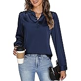 Womens Satin Silk Blouse Long Sleeve Button Front V Neck Shirt Business Casual Work Tops Lightweight Elegant Office Wear