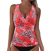 Hilor Women's Tankini Tops Underwire Tummy Control Swimsuit Strappy V Neck Bathing Suit Top Only