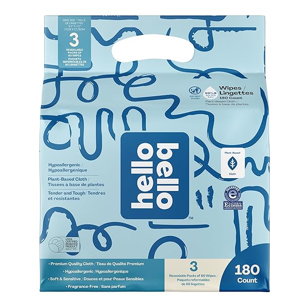 HELLO BELLO EXTRA GENTLE UNSCENTED BABY WIPES, PLANT BASED, MADE WITH 99% WATER AND ALOE FOR BABIES AND KIDS, 60 COUNT (PACK OF 3) TOTAL 180 COUNT