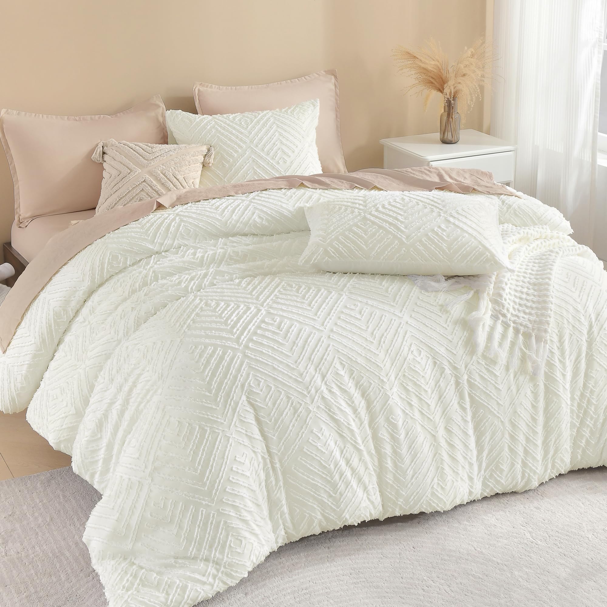 Photo 1 of ***USED***Litanika Ivory Queen Comforter Set, 3 Pieces Tufted Boho Farmhouse Bedding Comforter Sets, Lightweight Fluffy Comforter Bed Set for All Season (90x90In Comforter and 2 Pillowcases)