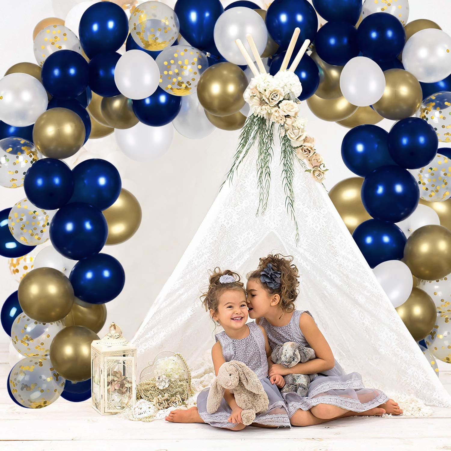 Navy Blue and Gold Confetti Balloons Party Decoration Supplies 70pcs 12 inch Gold Metallic Pearl White Balloons for Navy Party, Baby Shower, Wedding, Graduation, Bachelorette, Birthday Decorations, with 2 Balloon Strips, 2 Foil Ribbon: Toys & Games