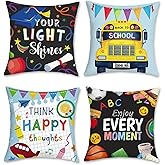 COZZSNUGE Back to School Throw Pillow Covers, School Bus Pencils Educational Decorative Pillowcases for Sofa Bed Home Kids Room Classroom Set of 4, 18 x 18 Inches