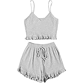 Avanova Women Sexy 2 Piece Pajama Set Ruffle Trim Cami Top and Shorts Sleepwear Set