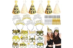 HOWAF 36 Pcs New Year Eve Party Supplies 2026, New Years Hats Headband Cone Hats Glitter Paper Eyeglasses Noise Makers White Gold New Years Decorations 2026 for NYE Party Favor Accessories