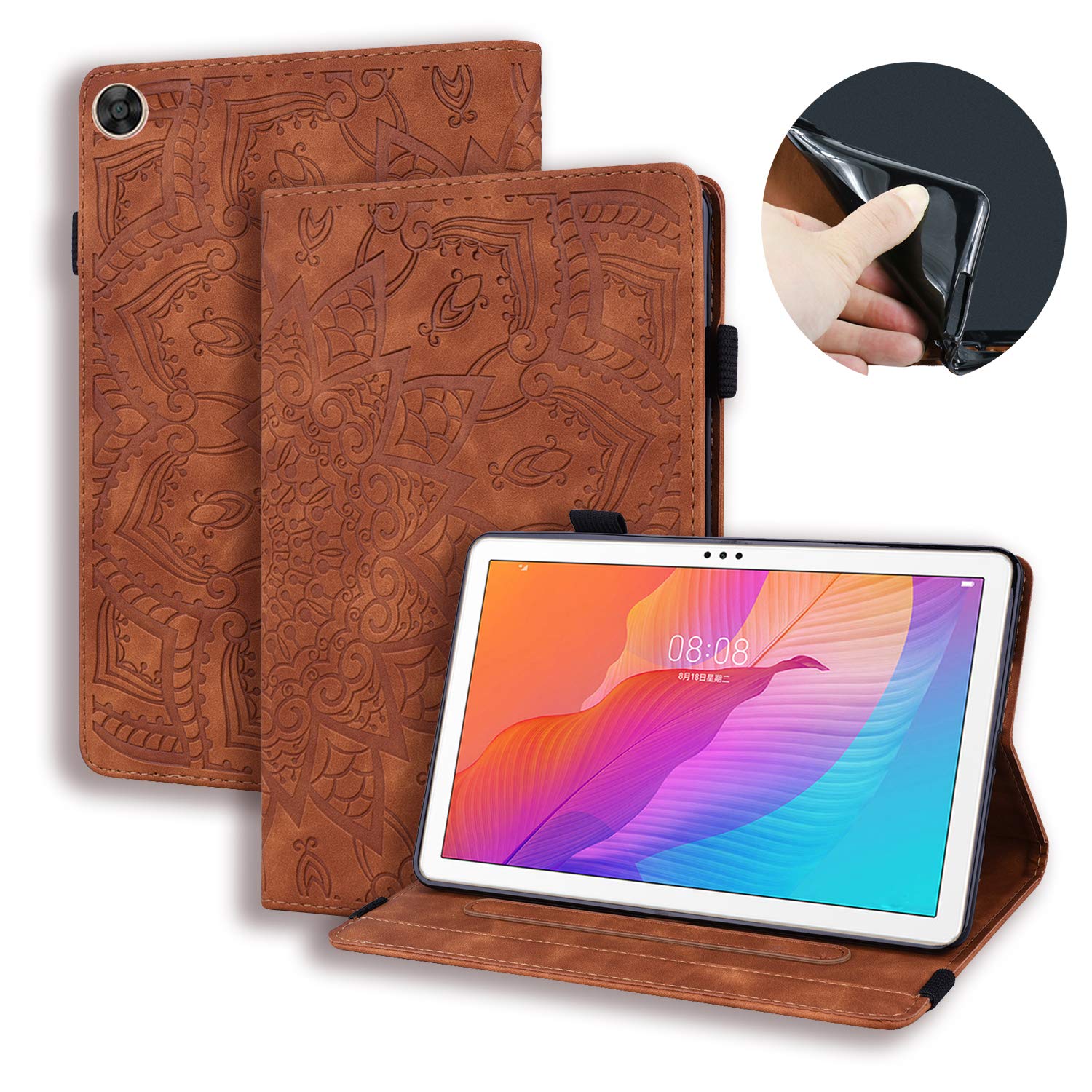Aswant Huawei Matepad T10 / T10s Case Mandala Flower Pattern PU Leather Wallet Cover Stand Function Tablet Case with Pen Holder for Huawei Matepad T 10 9.7 Inch/Huawei Matepad T 10s 10.1 Inch - Brown