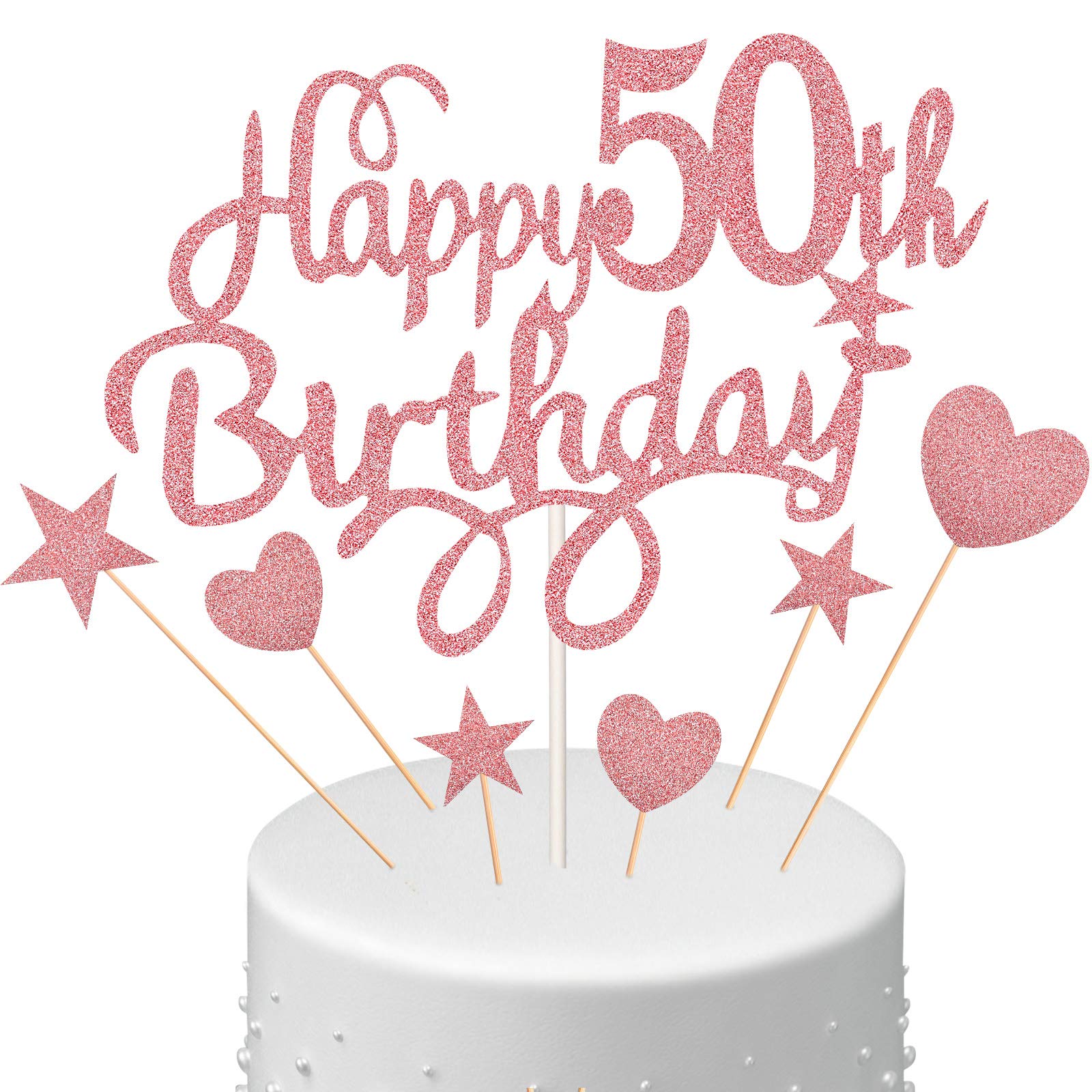 50th Birthday Cake Topper Set, Happy 50th Birthday Cake Topper with Heart Star Cupcake Picks Glitter Decoration for Party Supplies, Rose Gold