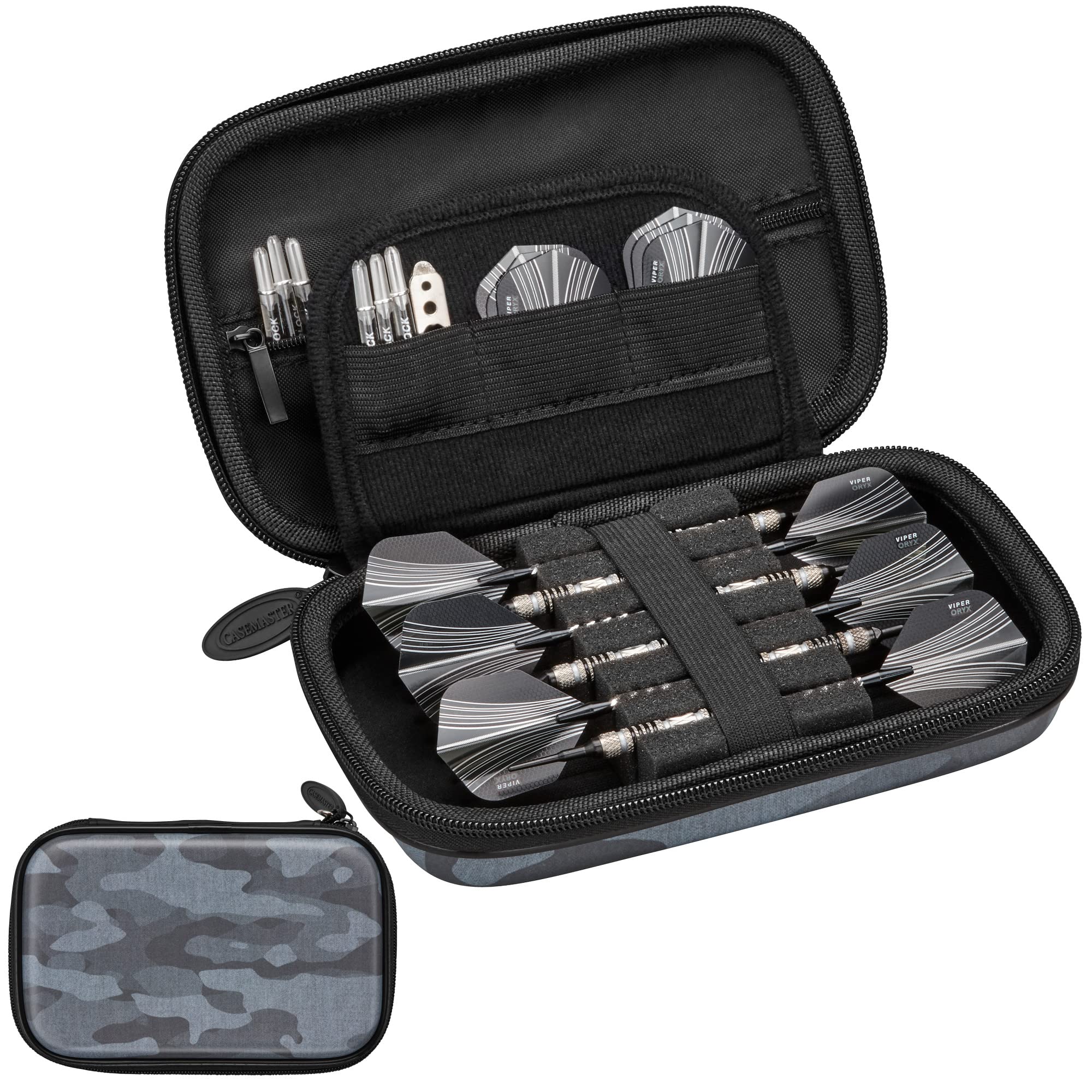Casemaster Sentinel 6 Dart Case, Holds Extra Accessories, Steel and Soft Tip Darts, Shafts and Flights, Impact & Water Resistant Tactech Shell, Black Camo