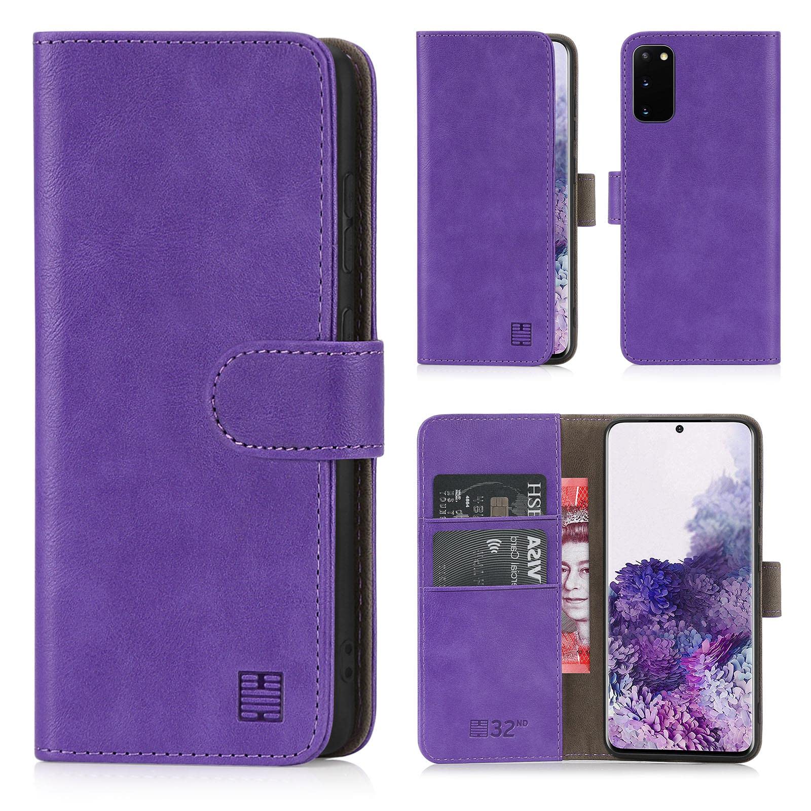 32nd Book Wallet PU Leather Flip Case Cover For Samsung Galaxy S20, Design With Card Slot and Magnetic Closure - Purple