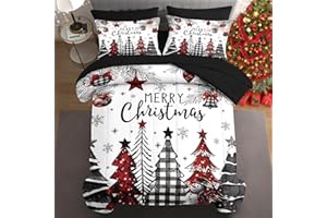 WeCozy 7 Pcs Queen Size Christmas Comforter Set with 2 Pillowcases & 2 Shams, Buffalo Plaid Xmas Trees Bedding for Kids and Adults, Gray Snowflakes Snowman Bed in a Bag with Flat Fitted Sheet